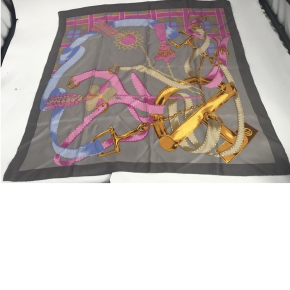 Celine gray pink gold blue belt print hand rolled silk scarf - Picture 1 of 6